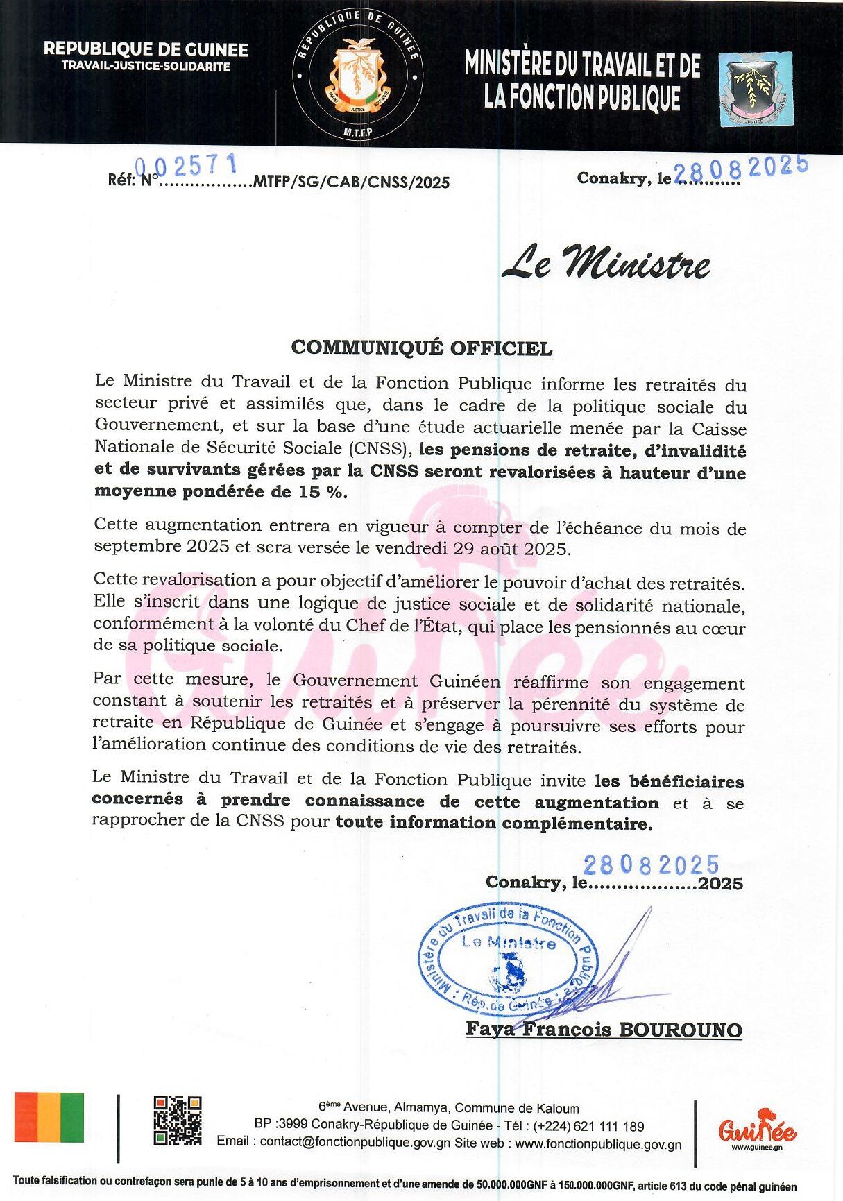 CNSS- Guinée : Les pensions de retraite, d’invalidité et de survivants gérées par la CNSS revalorisées à hauteur de 15 % et versées ce vendredi 29 août 2025